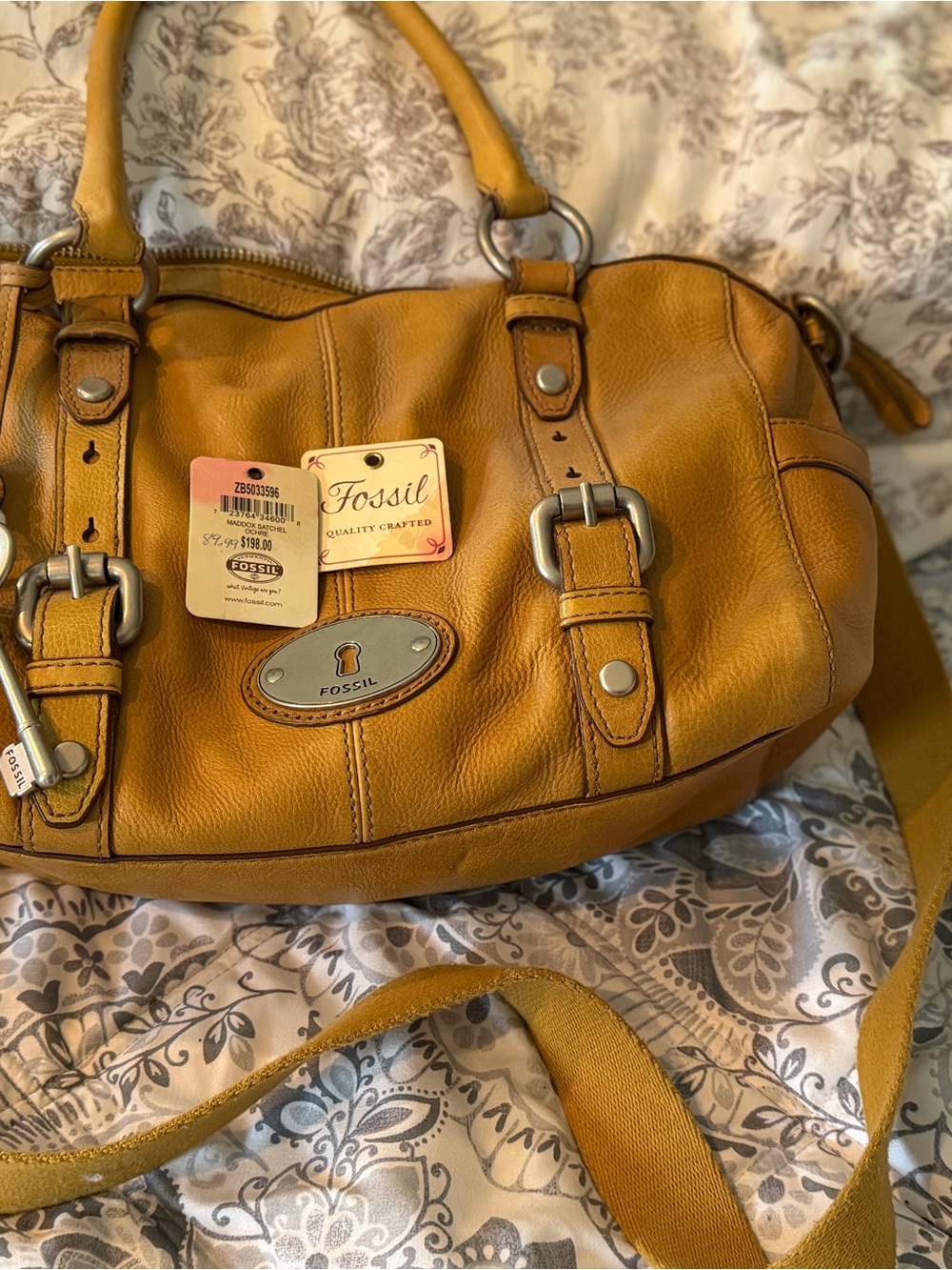 Fossil Yellow Leather Shoulder Satchel with Buckle Accents